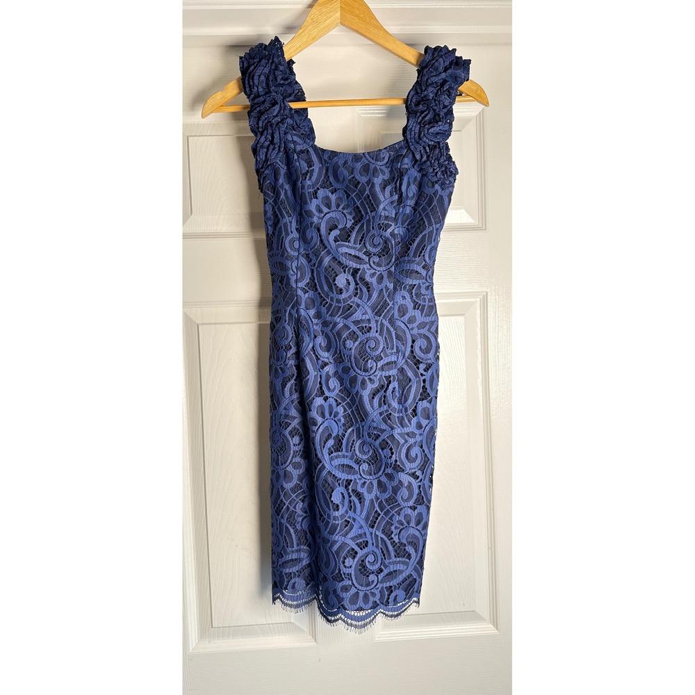 Lilly Pulitzer Sheath Dress Womens 00 Navy Blue Ruffle Lace Floral 38371